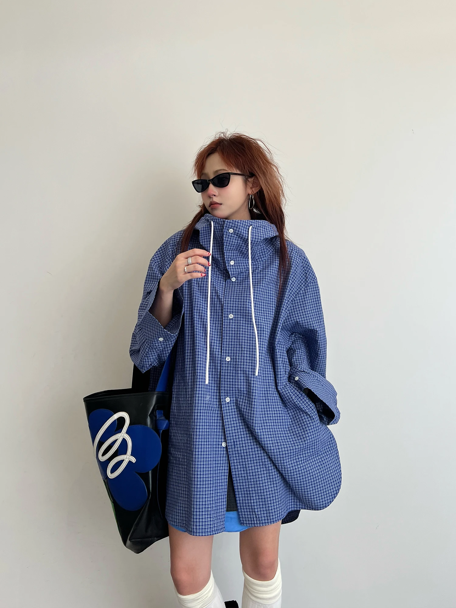 

SuperAen Autumn New Mid-length Plaid Hooded Loose Drawstring Design Shirts for Women Korean Style Vintage Asymmetrical Jackets