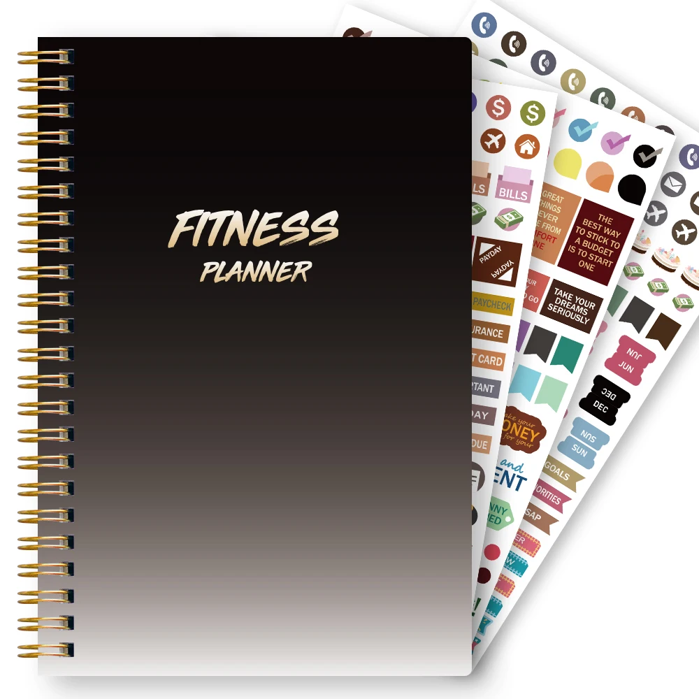1Pc A5 Fitness Planner Workout Log Book Daily Exercise Journal Spiral Bound with Functional Stickers Set
