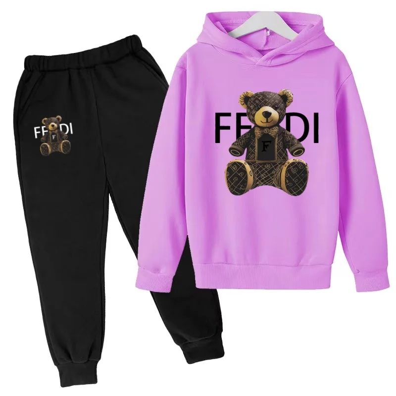 Kinder-Pullover Herbstkleidung Hoodie mit Buchstaben und Bärenmotiv Mantel für Jungen und Mädchen 3-12 Jahre Rosa Sweatshirt+Hose Zweiteiliges Set Freizeit-Sportanzug – Detail 5