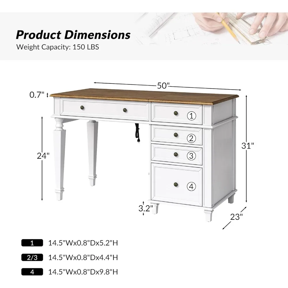 Computer Desks, Farmhouse Desk with Drawers, Home Office Desk Desktop Riser, USB Port, Adjustment Legs, White, Computer Desks