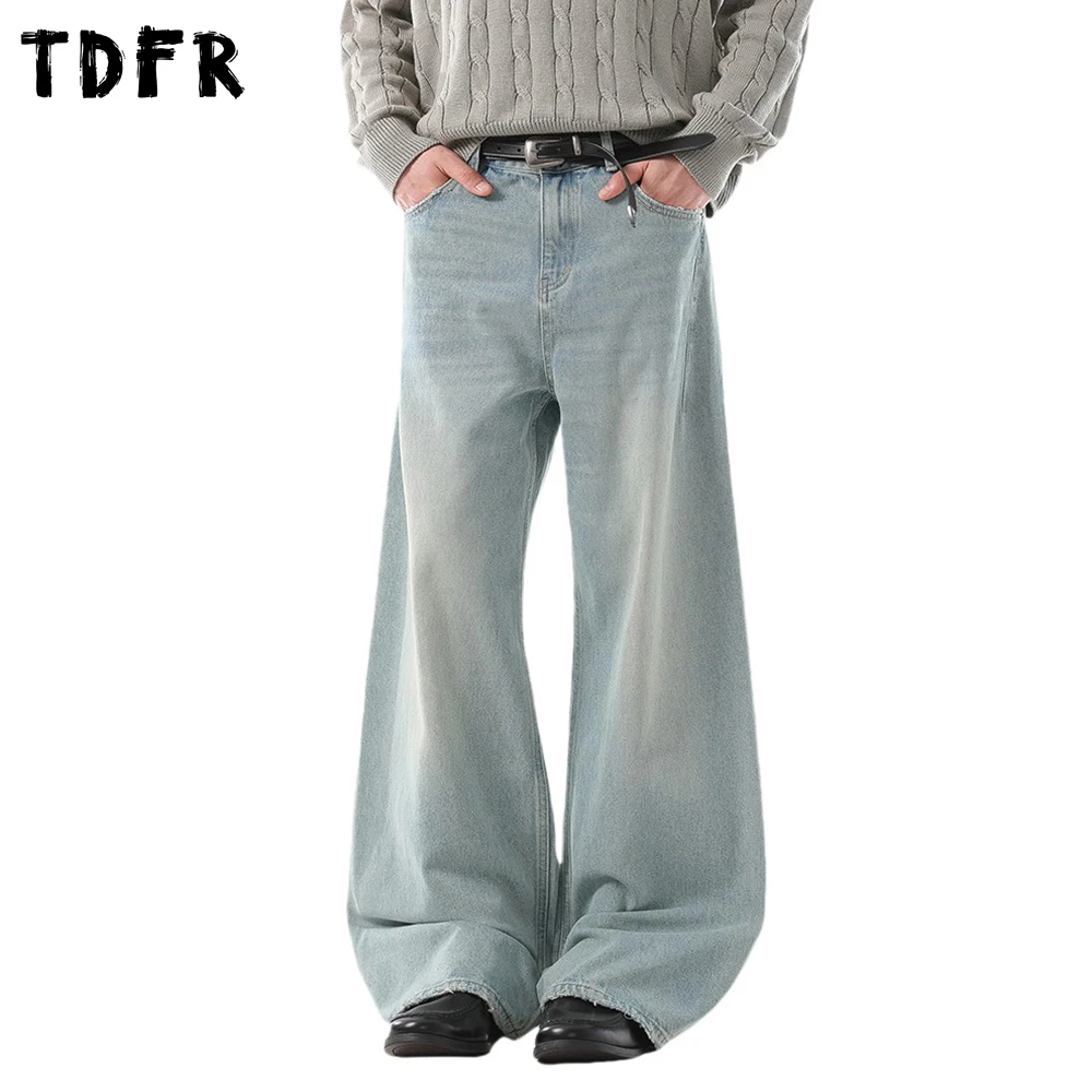 

Ripped Straight Jeans Mens Pocket Retro Casual Washed Distressed Baggy Wide Leg Denim Pants Man