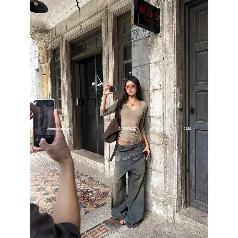 女性ヴィンテージブルー Y2k バギージーンズストリート原宿ボーイフレンドデニムパンツ美的 2000 年代パンツオーバーサイズ服