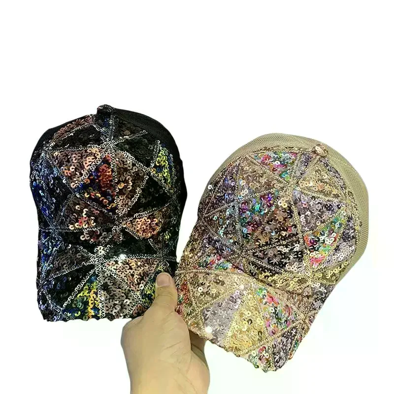 Shiny Sequined Baseball Cap Breathable Adjustable Mesh Back for Men Women Summer Beach Sun Hat