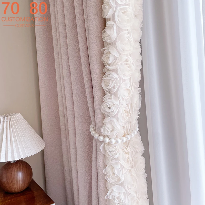 Cream Style Pink Chiffon Jacquard Lace Patchwork Curtains for Living Room Bedroom Balcony Bay Window Customized Finished Product
