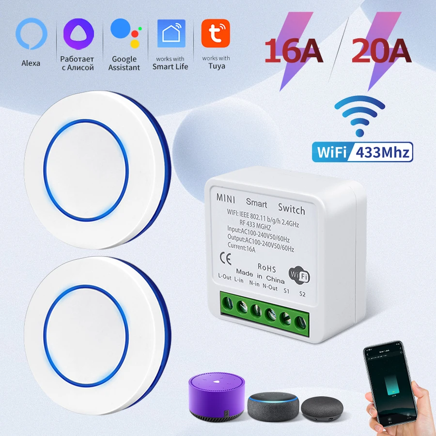 20A/16A Tuya WiFi Smart Switch 100-240V RF433Mhz Wireless Relay Receiver Mini Round Panel Switch App Voice Control For Led Light