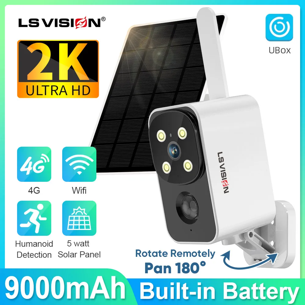 LS VISION PTZ Camera Outdoor Wifi Wireless Solar IP Camera 4MP HD Built-in Battery Surveillance 2K 4G Camera 5W Panel  UBOX APP