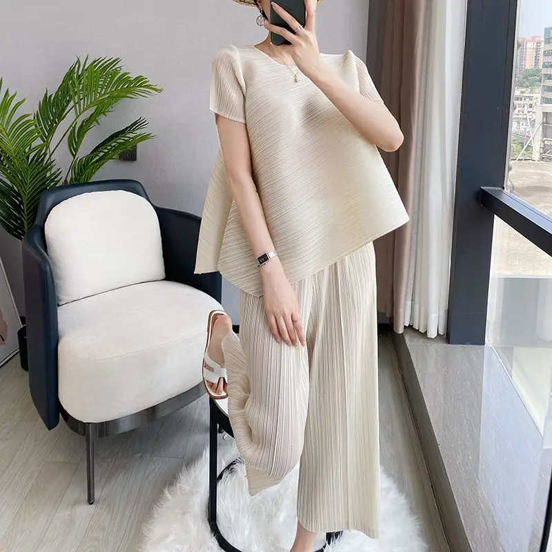 Pleated high class sets women summer loose irregular top nine straight leg pants western-style age reducing two-piece set female