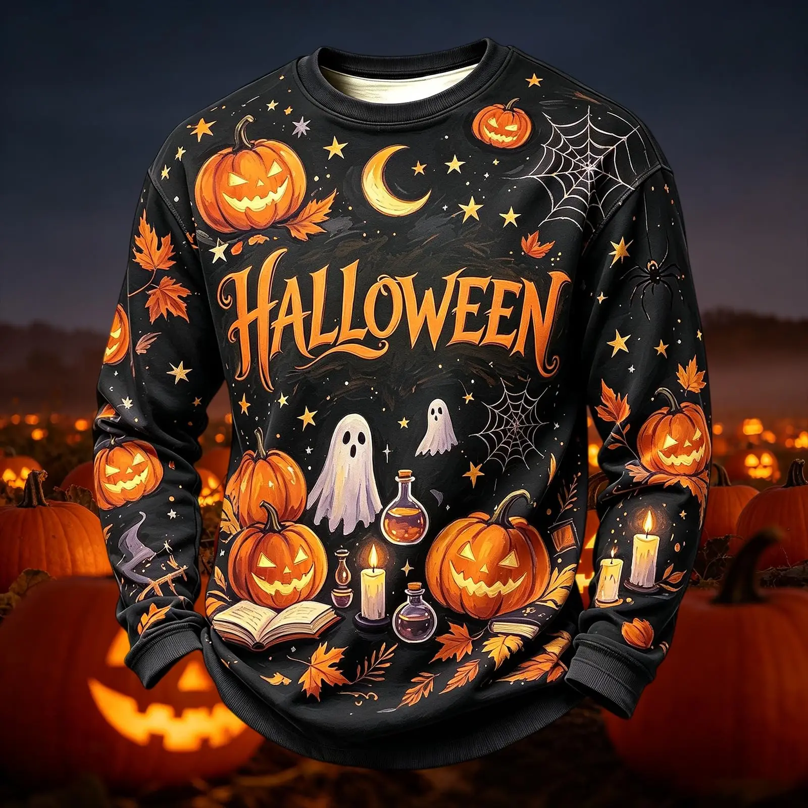2026 Family Matching Clothing 3D Full Print Halloween Graphic Sweatshirts Unisex Pumpkin Moon Spider Web Long Sleeve Party Tops