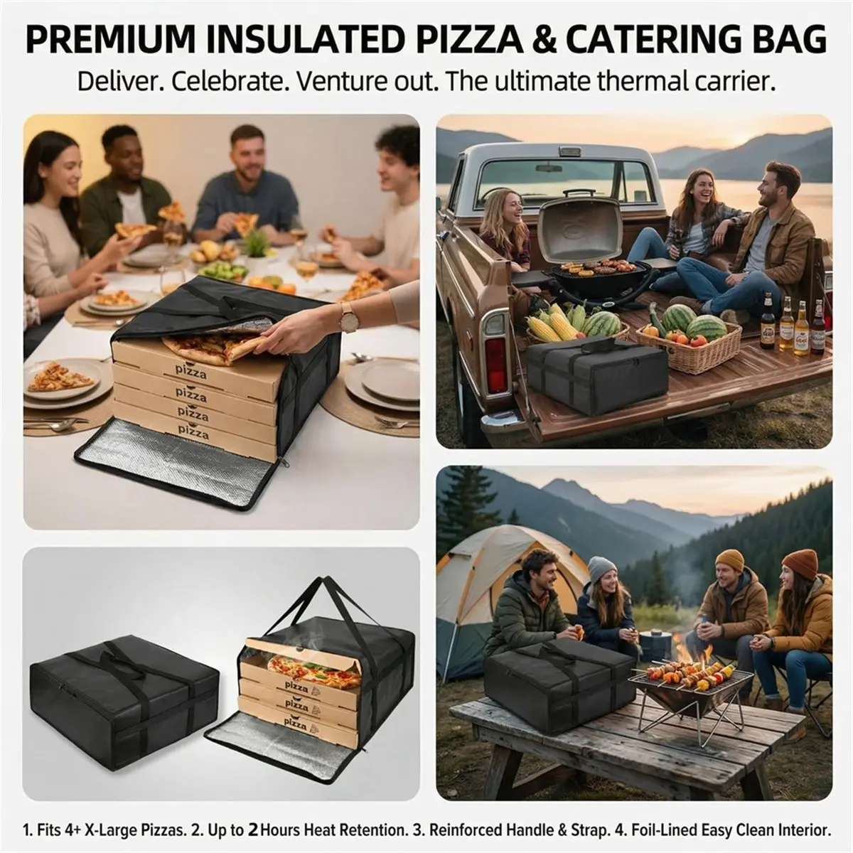 19.6x19.6x5.9 Inch Insulated Pizza Delivery Bag with Zipper Thermal Food Carrier Reusable Catering Transport Box Black