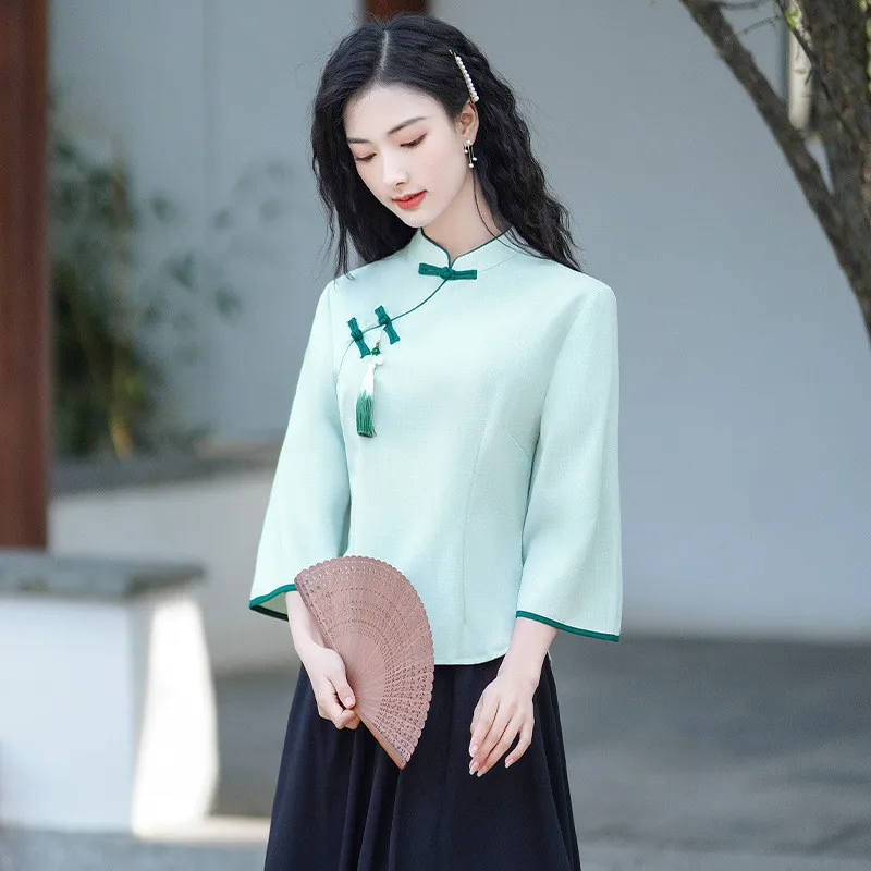 Vintage Cotton Linen cheongsam Suit For Women With Cardigan Plate Buckle Young Tea Suit Two-Piece Set Tang Dress Suit Women 3058