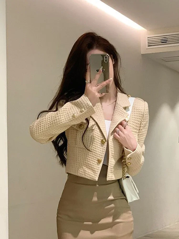 Office Lady Sexy Cropped Tweed Jackets Korean Fashion Slim Blazer Coat Women Simple Casual Long Sleeve Buttons Outwear New