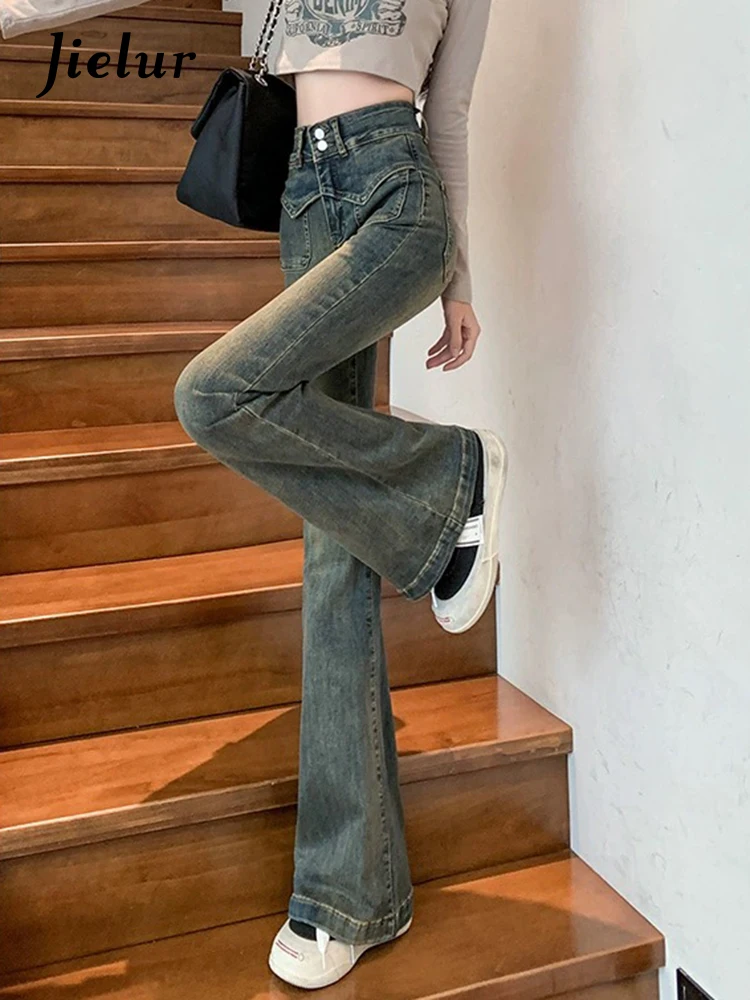 Jeansy damskie z wysokim stanem w stylu Vintage Slim, szykowne jeansy z prostymi z guzikami po obu stronach modnymi damskimi kieszeniami w stylu Streetwear, proste spodnie Flare