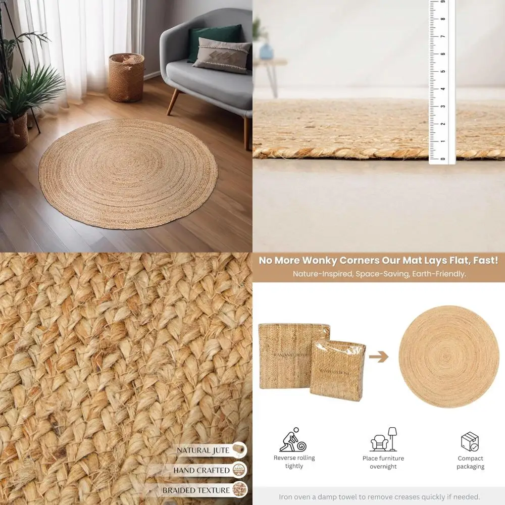 

Ramanta Home Hand Woven Jute Braided Rug 4' Round - Natural, Farmhouse Accent Circle Reversible Rugs for Kitchen, Nursery, Kids