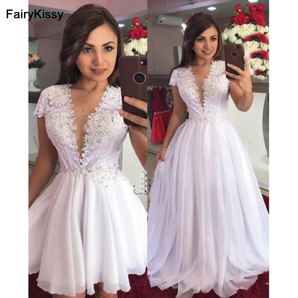 FairyKissy White Ball Gown 2 in 1 Wedding Dresses Detachable Train Short Sleeves Lace Up Back Bridal Wedding Gowns