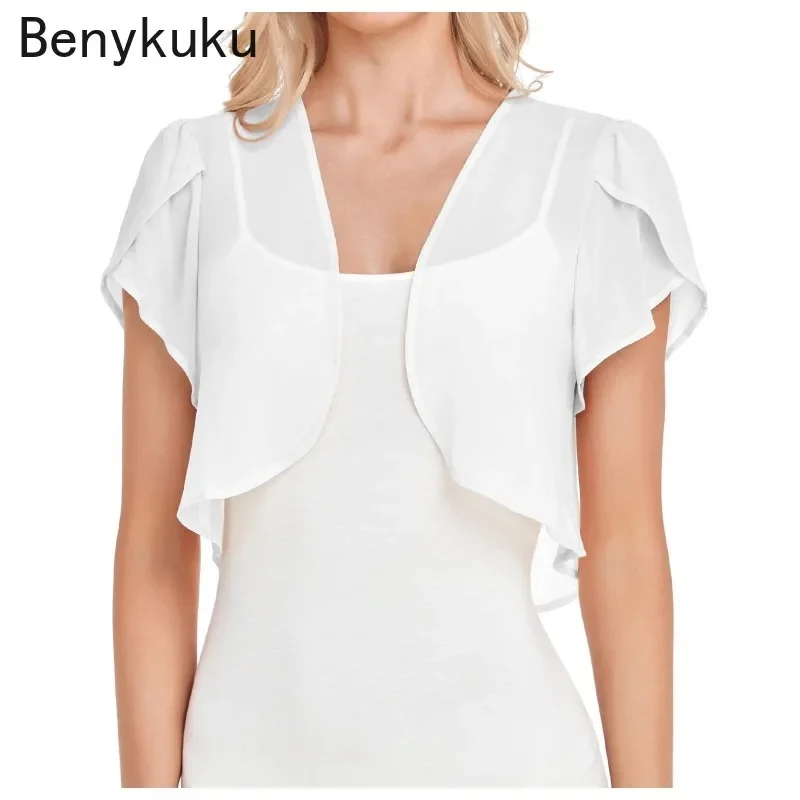 

Chiffon Short Sleeve Cardigan Elegant Cropped Top Evening Cover Up Shrug Shawl Outdoor Sun Protection Breathable Shirt Bolero