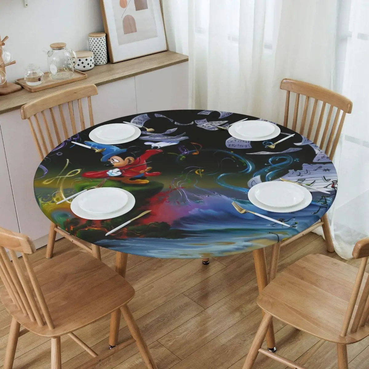 Round Oilproof Disney Fantasia Movies Mickey Mouse Anime Music Table Cover Fitted Table Cloth Backed Edge Tablecloth for Dining