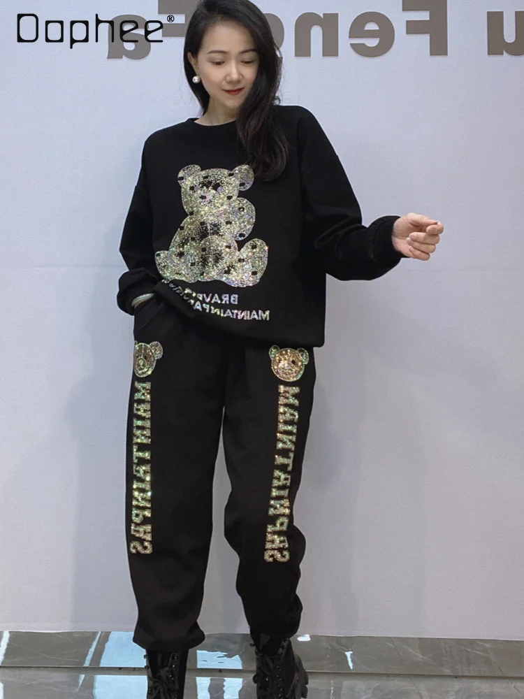 

2024 Autumn New Cartoon Bear Long Sleeve Pant Sets Female Casual Suit Sweatshirt and Pants 2 Piece Sets Womens Outfits