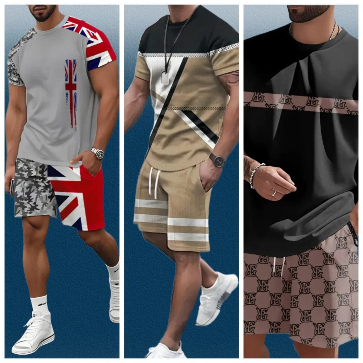 

Men'S Casual Sportswear Set with Union Jack Print - Breathable Polyester Knit Fabric, Short Sleeve T-Shirt and Shorts Combinatio