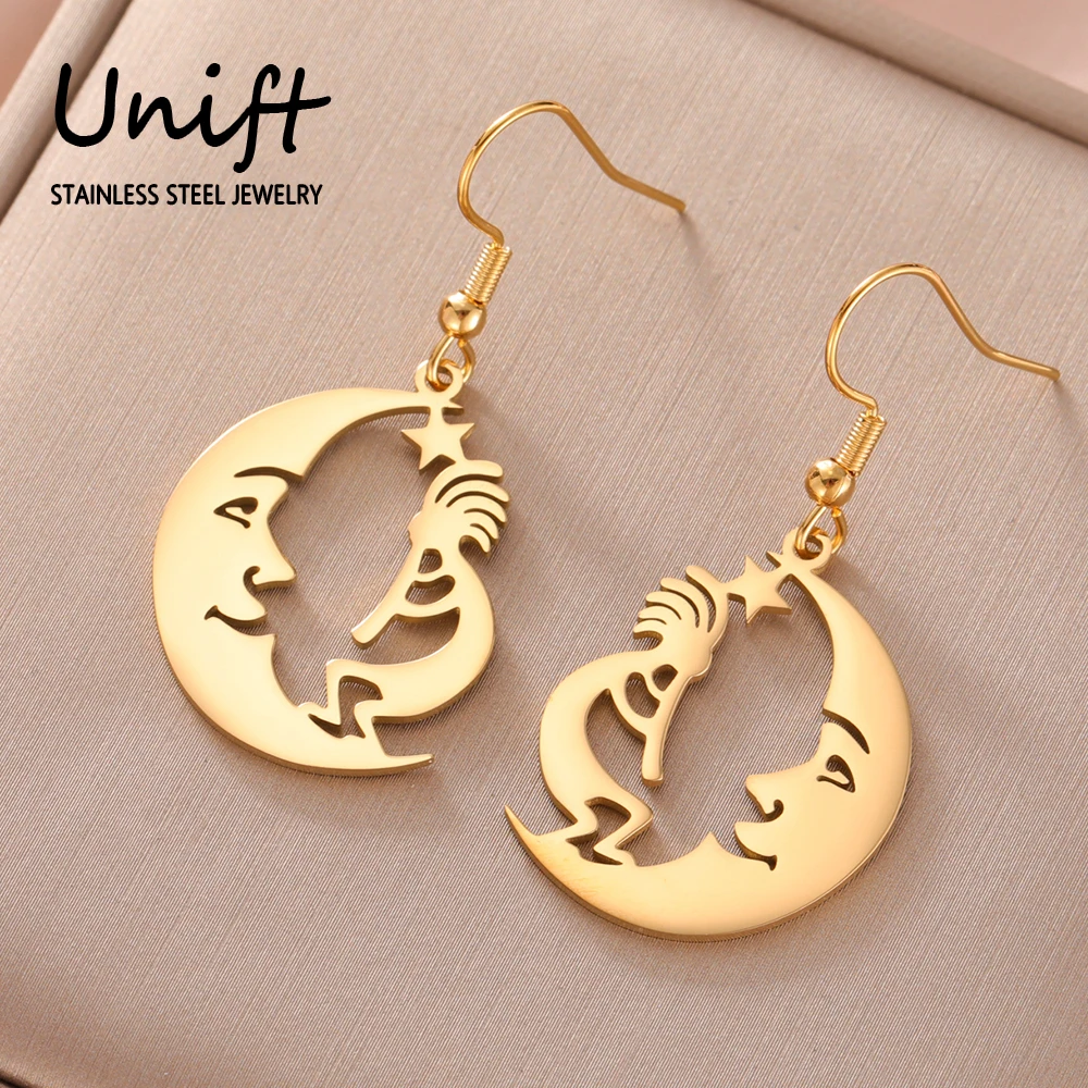 Unift American India on the Moon Charms Earrings Stainless Steel Women Earrings Romantic Tribe Ethnic Kokopelli Musician Jewelry