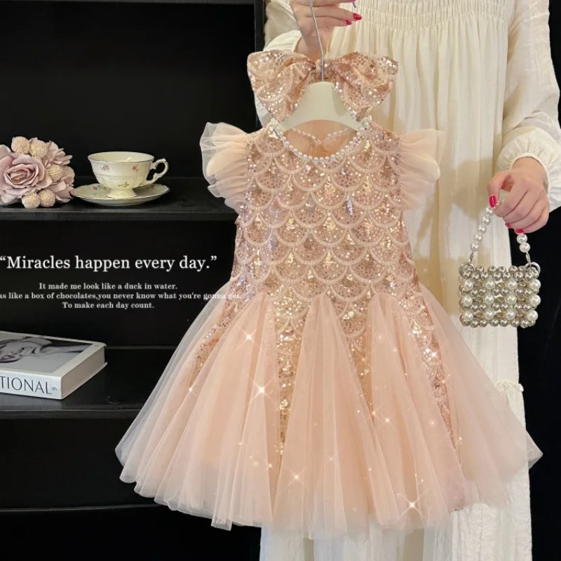Mädchen Geburtstagsparty Prinzessinnenkleid O-Ausschnitt Trompetenärmel Paillettenbesetztes Mesh-Kleid für Bühnenauftritte Hochzeit S3069-2 – Detail 13