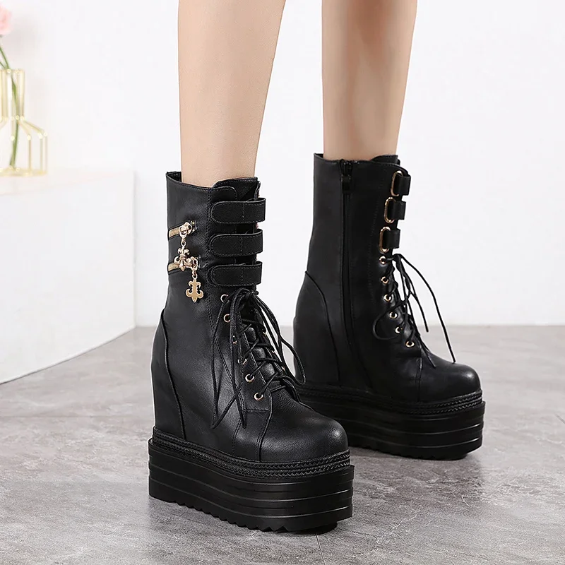 Gothic Ankle Buckle Boots Women Motorcycle Shoes Thick Heels Creeper Wedges Shoes Mid Calf Military Combat Boots Big Size