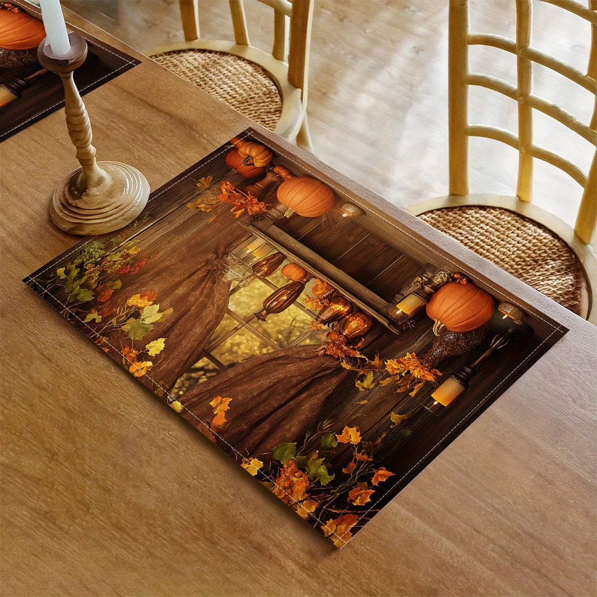 4 قطع من مفارش مشهد الخريف العتيقة - مفارش طاولة بوليستر واقعية ذات طابع سقوطي، 18 × 11.8 بوصة، دافئة