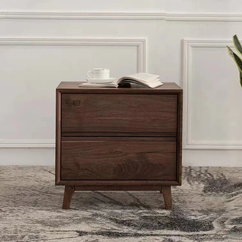 All-solid wood bedside table, black walnut lamp table, double drawers, small cabinets, log bedroom furniture