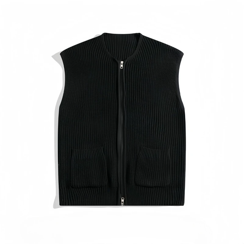 

American Knit Cardigan Vest Unisex Zipper Round Neck Loose Fit Couple Outerwear Solid Color Spring Autumn Casual Top