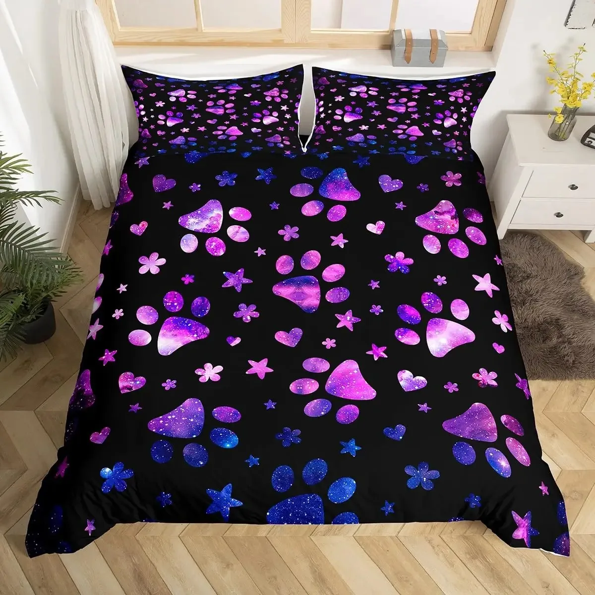 

Dog Paw Print Bedding Set King Purple Galaxy Puppy Footprint Duvet Cover Pets Animal Themed Duvet Cover Cute Cartoon Quilt Cover