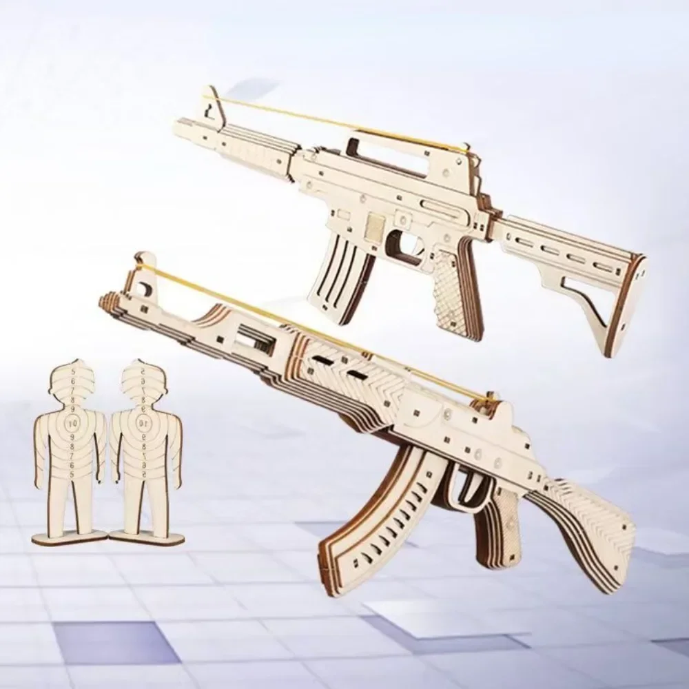 Rubber Band Gun 3D Wooden Building Block Mechanical AK47 Model Kit Assembly Building Puzzle Toy for Children Birthday Gifts