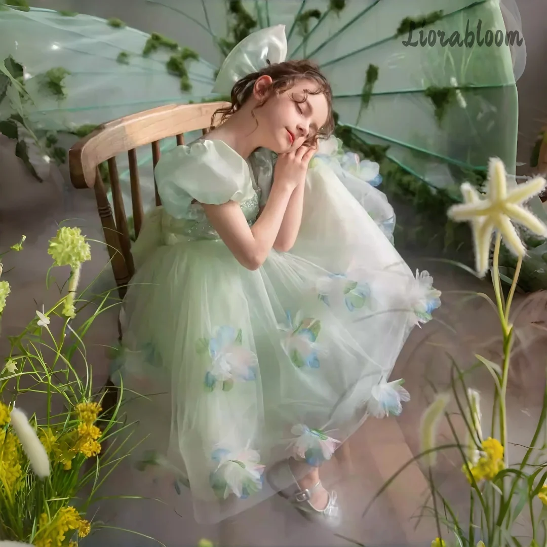Gaun Putri Hijau Hutan Elegan Kostum Peri untuk Anak Perempuan dengan Tulle Bunga 3D untuk Pesta Ulang Tahun Bertema Pernikahan di Taman