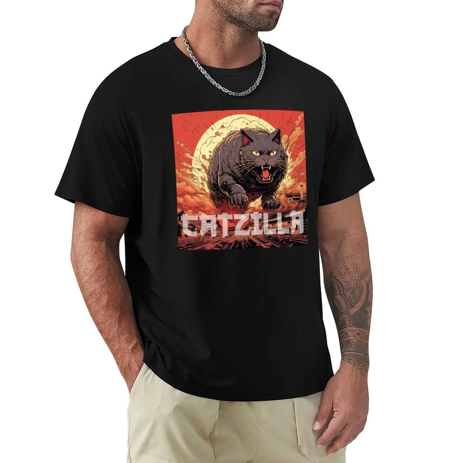 

Catzilla Manga Print T-Shirt Big Size Simple T-Shirt