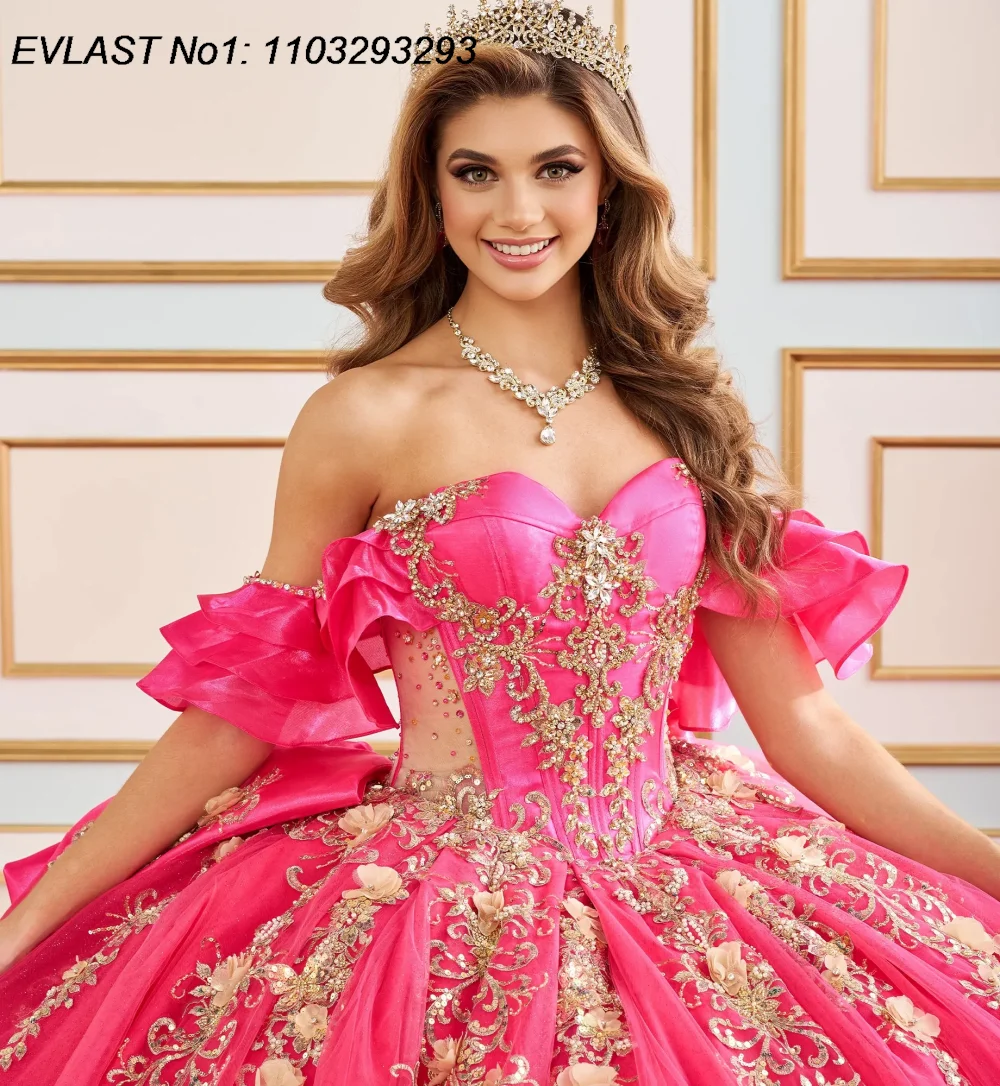 EVLAST ที่กําหนดเองเม็กซิกันสีเขียวมรกต Quinceanera Ball Gown ทองลูกไม้ Applique ประดับด้วยลูกปัดหวาน 16 Vestido De 15 Anos E1Q81