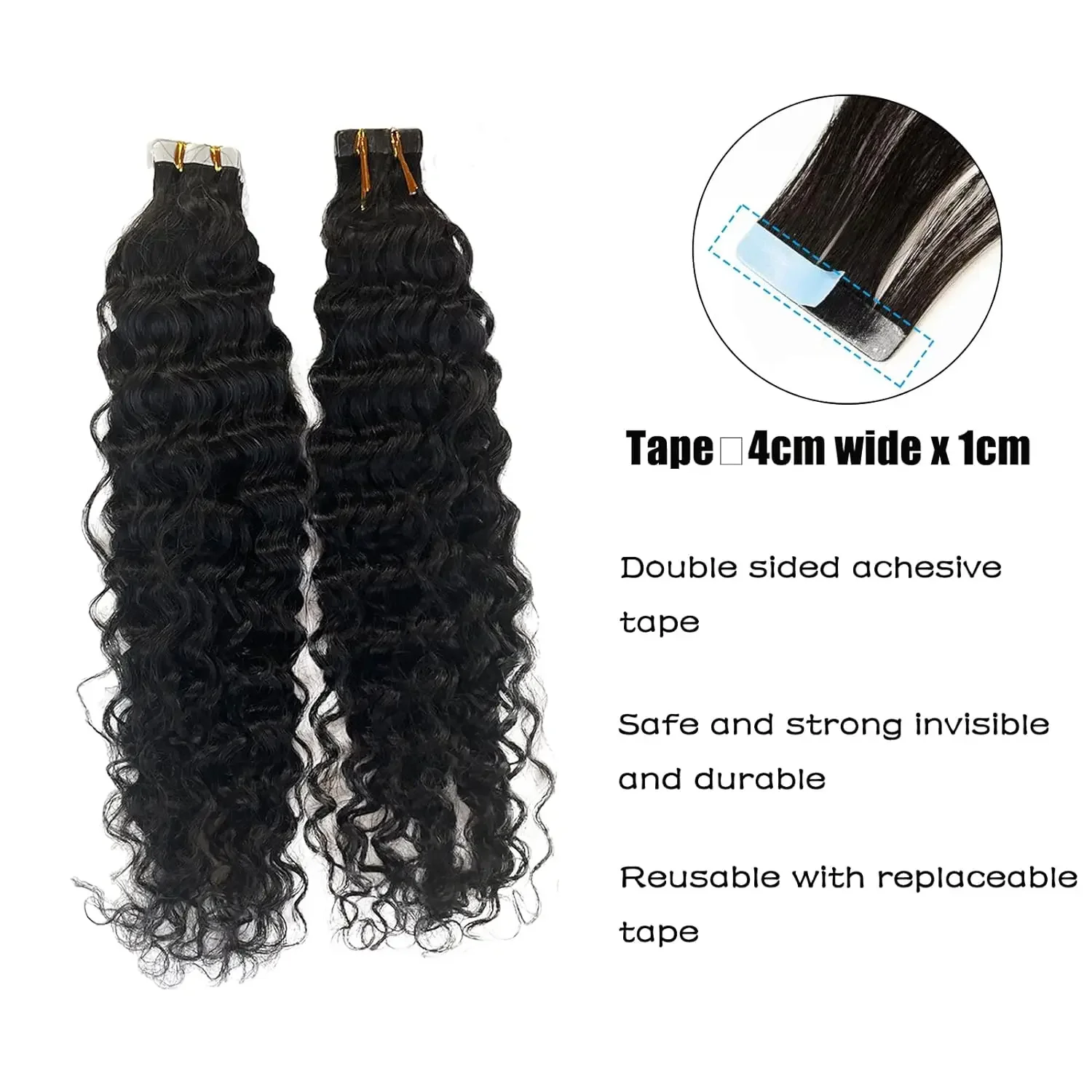 Deep Water Wave extensões de cabelo, 100% Remy cabelo humano, pele fita trama, preto natural, 16-26in, # 1B, 20 PCs