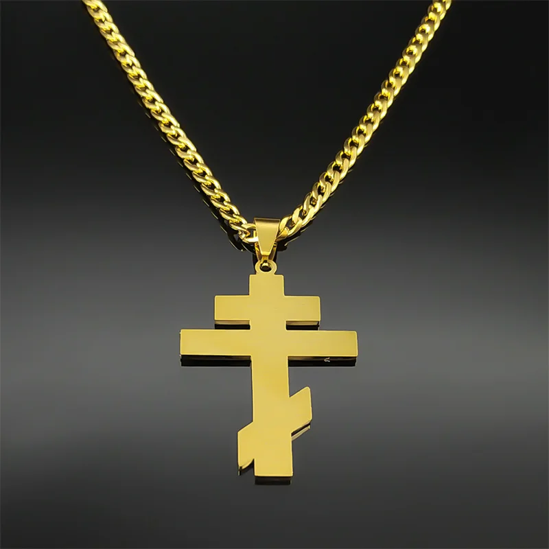 Russia Orthodox Cross Pendant Necklace for Women Men Stainless Steel Gold Color Christian Crucifix Chain Jewelry N8449S06