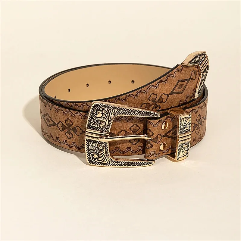 2024 New Fashion Retro Print Carved Head Brown Belt Bohemian Ethnic Style Spicy Girl Belt Unisex Jeans Belt