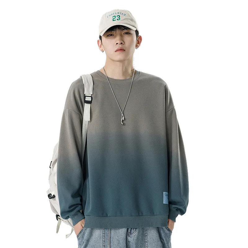Gradient Sweatshirt Mens Casual Shirt O Neck Contrast Sweatshirt Hoodless Pullover Man Tops Long Sleeve Tshirt Streetwear