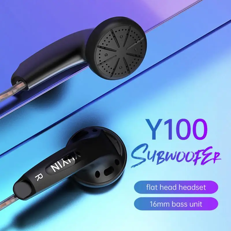 Y100 3.5MM L Plug HD Microphone Music Earbud 16MM Composite Dynamic Flat-head HIFI Earphone Bass Voice ﻿