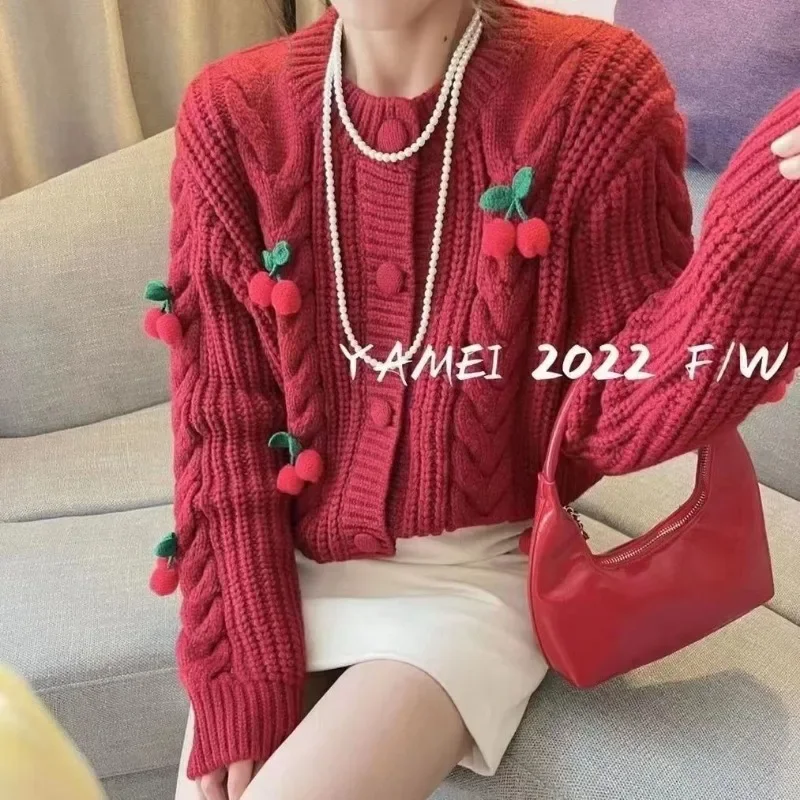 Kimotimo Kawaii 3D Cherry Cropped Cardigan Womem Autumn Winter Loose Lazy Knitted Tops Korean Gentle Sweet Twisted Sweater Coat