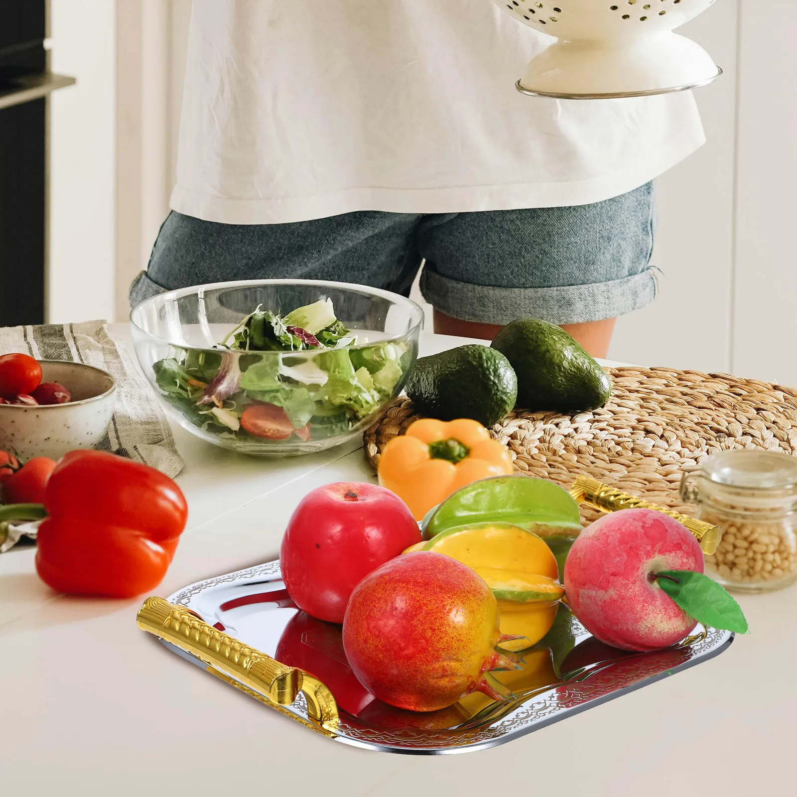 

Stainless Steel Handled Tray Rectangular Metal Snack Fruit Party Platter Dessert Plates Dried Home Office Decor