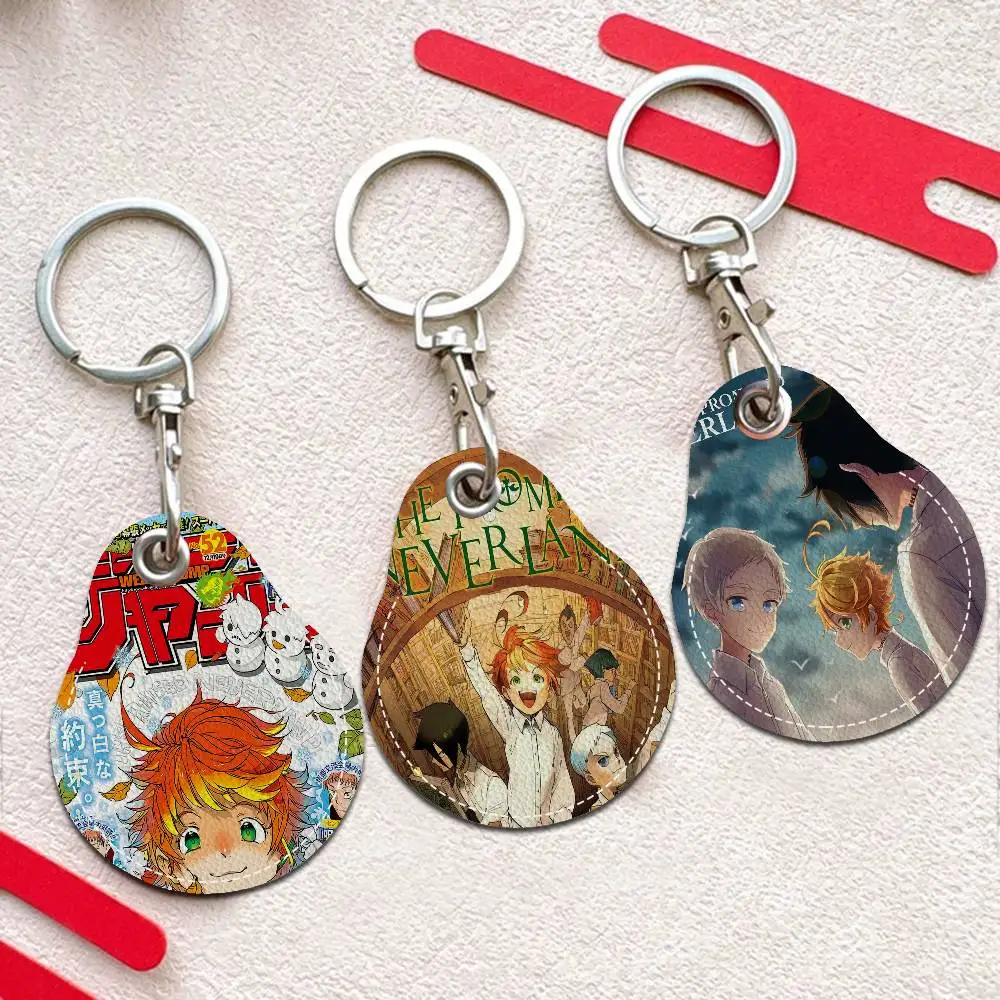 The Promised Neverland Anime 1PCS PU Leather Keychain Protective Case Door Lock Access Control Tags Card Bag Key Tag Ring.