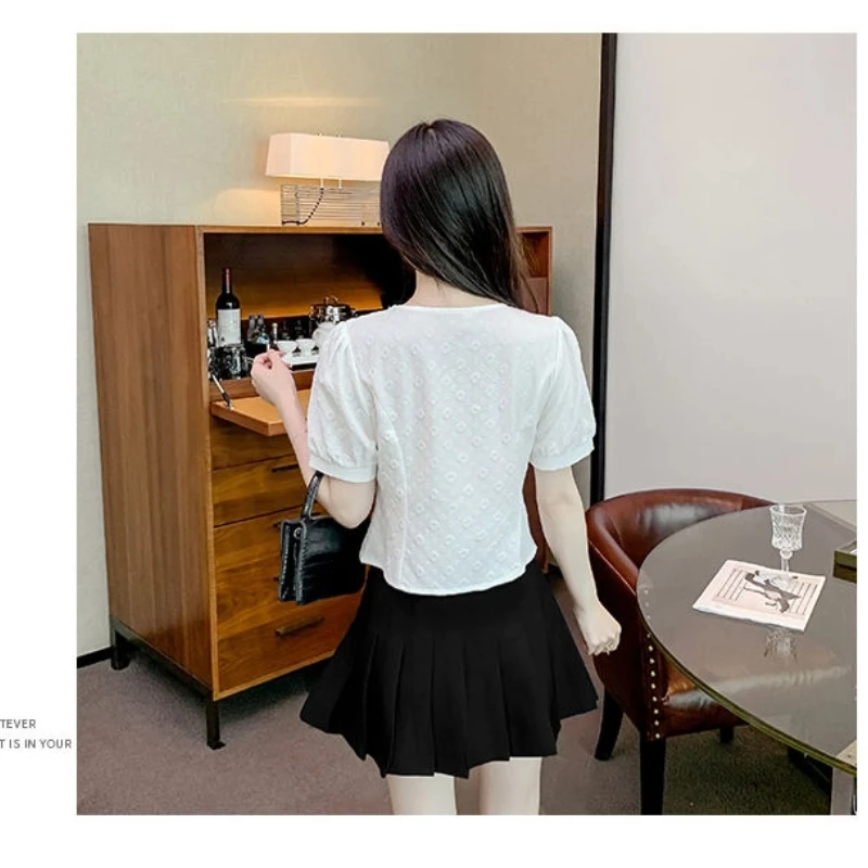 Short Slim Contrast Patchwork Elegant Blouse Summer Short Sleeve All-match Fashion Shirt Tops Temperament Korean Women Clothing