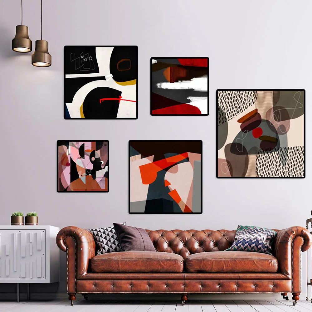 Abstract Geometry Painting Minimal Wall Art Canvas Print Poster Red Blue Grey Colorful Picture Neutral Home Interior Decoration