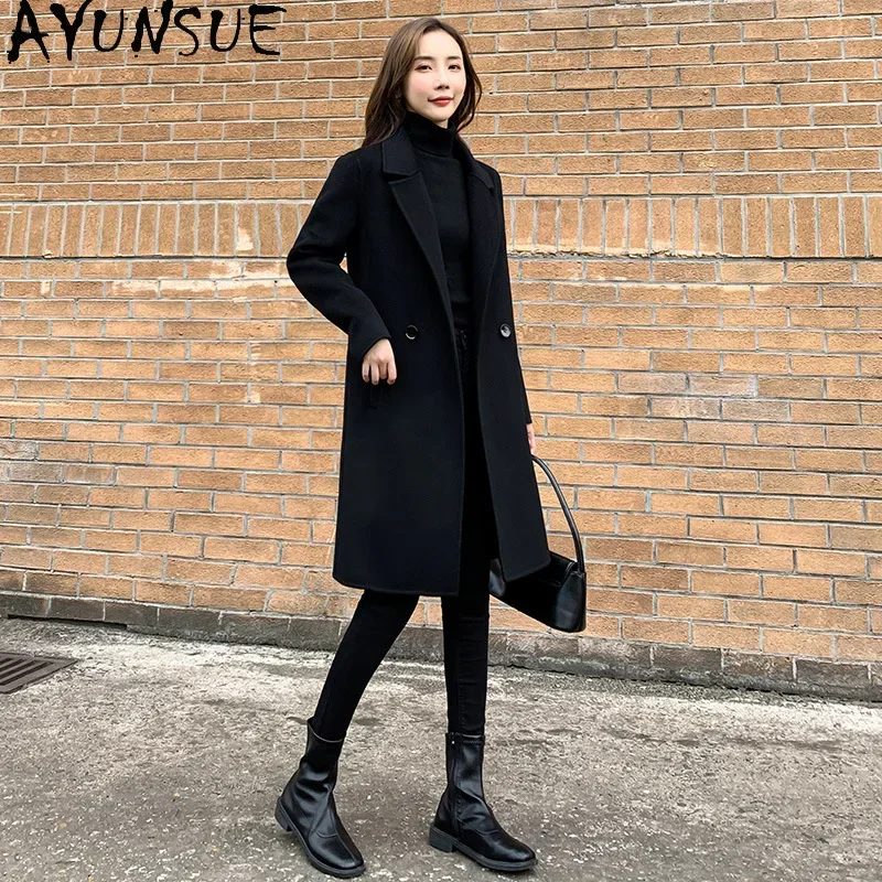 AYUNSUE 100% Wool Coats for Women Luxury Black Midi Coat Women Jackets Women’s Fashion Autumn Clothes Cashmere Coat пальто 2024