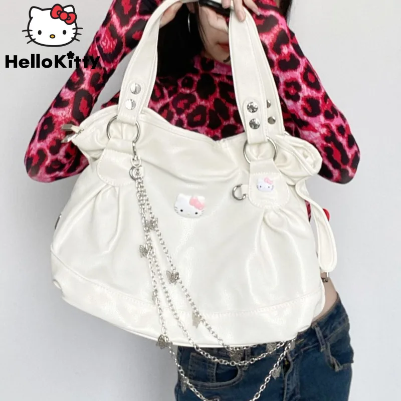 Sanrio Hello Kitty Chains PU Leather Bag Women Luxury Designer Handbag Y2k Cartoon Fashion Shoulder Bags Spicy Girl Trend Totes