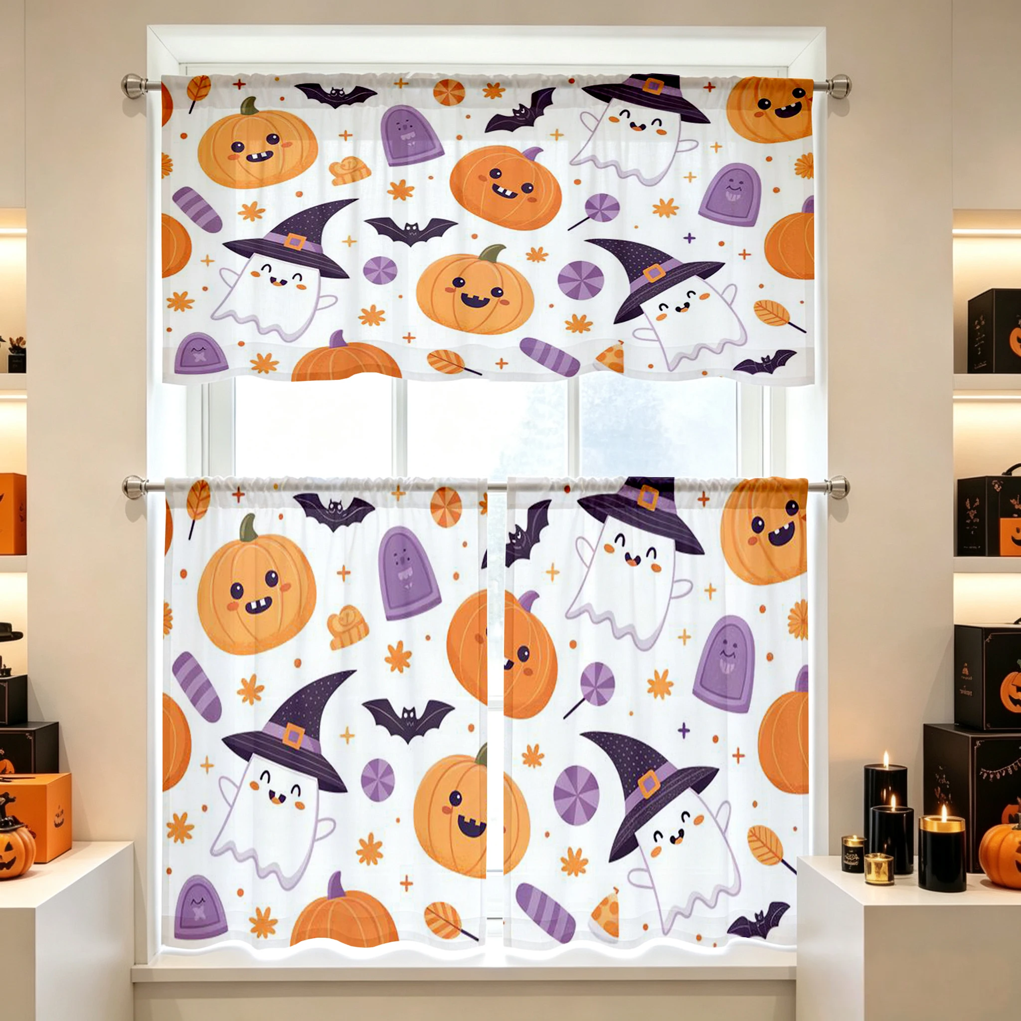 Halloween Fall Kitchen Curtains, Pumpkin Cat Bat Leaf, Digital Print, Kitchen Dining Room, Rod Pocket Polyester, Home Decor