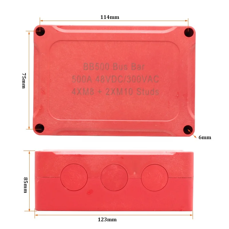 48V DC 500A Copper Bus Bar 6MM Pure Brass Plate 4x M8 2x M10 Studs Power Distribution Block with Black Waterproof Cover