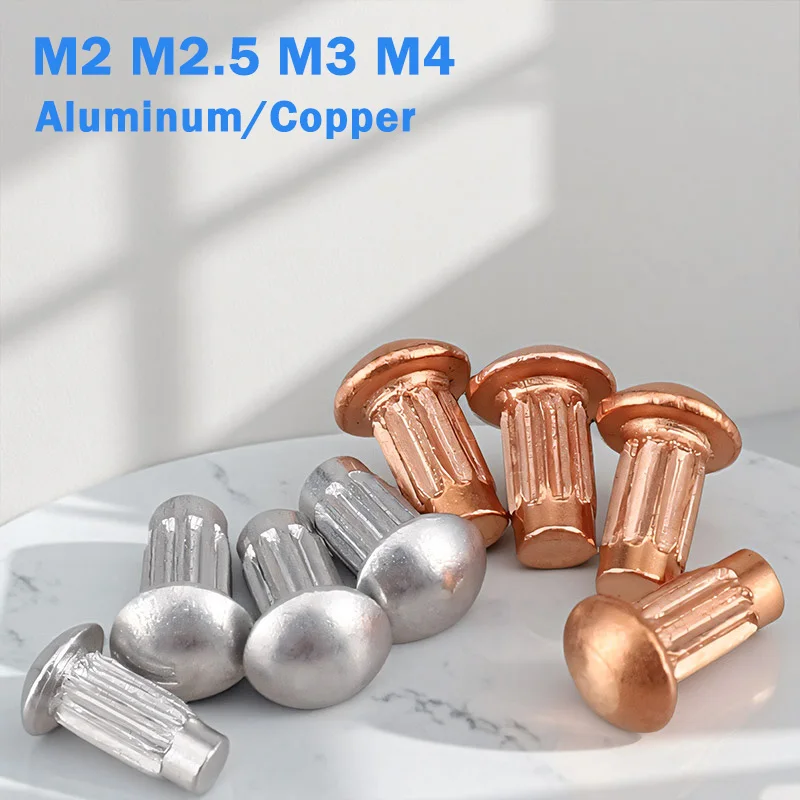 10/20/50/100/200/300pcs M2 M2.5 M3 M4 GB827 Aluminum/Copper Button Round Head Knurled Shank Solid Rivet for Label Name Plate