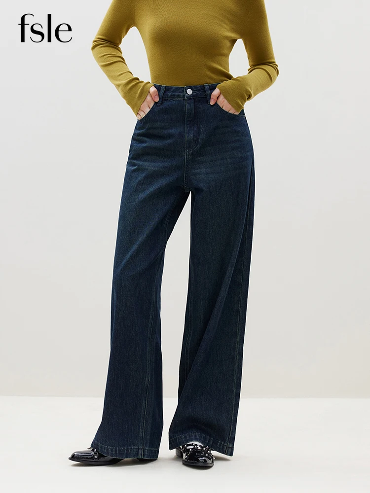 FSLE American Retro Wide Leg Full-length Jeans for Women Autumn and Winter 2023 New High Waist All-match Casual Pants Female