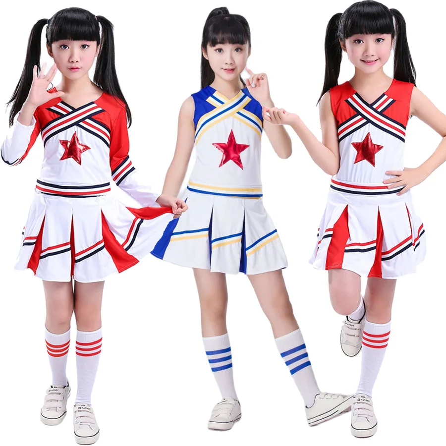 Costume da Cheerleader rosso per ragazze concorso per ragazzo per bambini uniforme da Cheerleader scuola squadra Performance costumi da ballo pompon e calzino